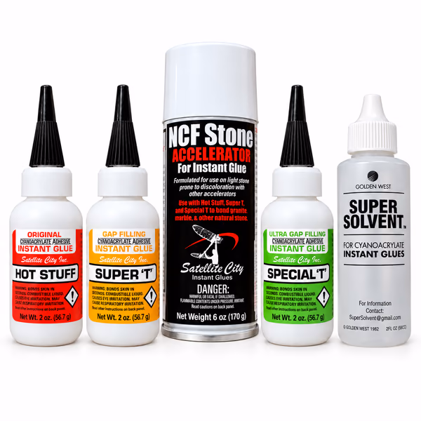Satellite City Granite Repair Kit with three CA glues, NCF Stone accelerator and Super Solvent