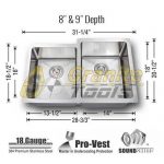 1-3/4 Double bowl kitchen sink 18 gauge reverse detail
