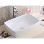 Angled view PL-3081 White Porcelain Vessel Bathroom Sink with shell-inspired basin profile