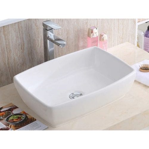 Angled view PL-3081 White Porcelain Vessel Bathroom Sink with shell-inspired basin profile