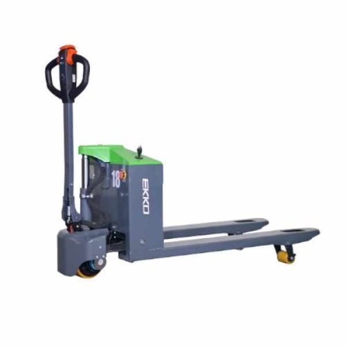 Angled view EKKO EP15JLi Full Electric Pallet Jack lowered forks