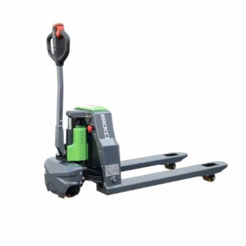 Angled view EKKO EPC20Li Full-Powered Lithium Pallet Jack lithium battery and lowered forks