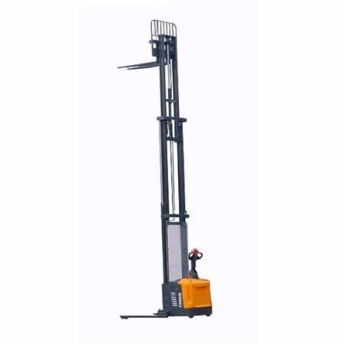 Side view showing EKKO EB16EA Full Powered Straddle Stacker with fully extended mast