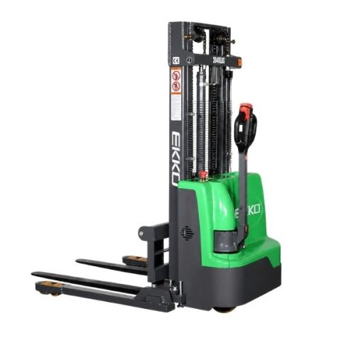 EKKO EB12E-98Li lithium straddle stacker with lowered mast for warehouse handling