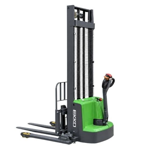 EKKO EB13ES-145Li lithium straddle stacker with side-shifting functionality for warehouse material handling