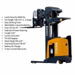 Side view showing EKKO EK18RRL Stand-Up Narrow Aisle Reach Truck with key product features