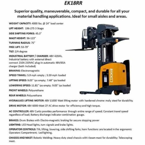 EKKO EK18RRL Stand-Up Narrow Aisle Reach Truck with technical specifications
