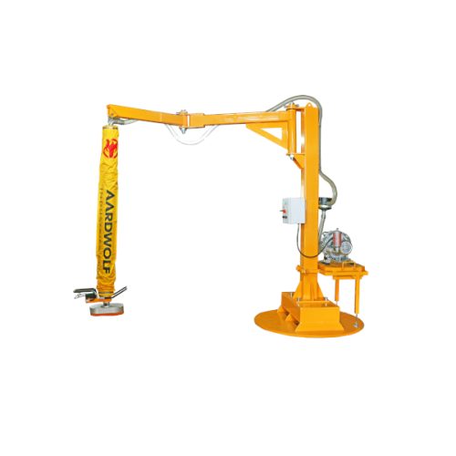 Aardwolf AVTL-CF3 vacuum tube lifter with yellow articulated arm and movable counterweight base.