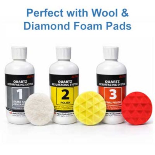 Alpha Quartz Resurfacing System for engineered stone maintenance and polishing.