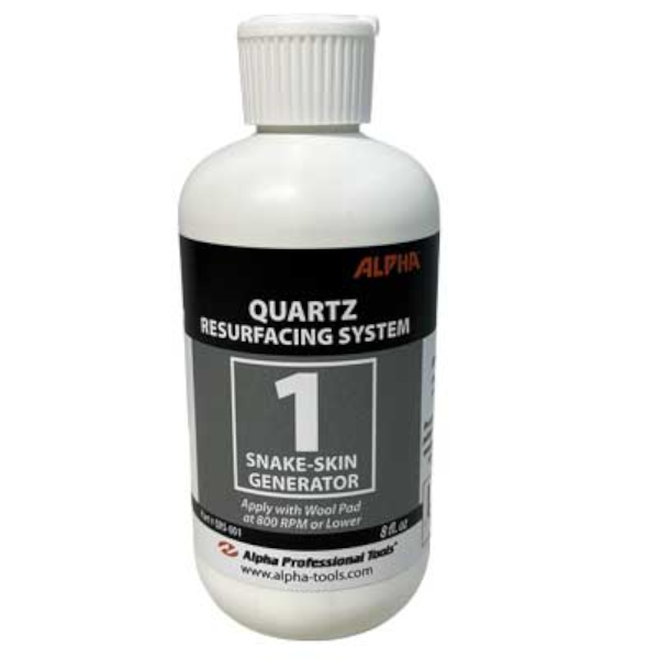 Alpha Quartz Resurfacing System Snakeskin Finish polishing liquid and pads.