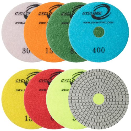 Cyclone ES 4-inch white resin polishing pad for wet stone fabrication.