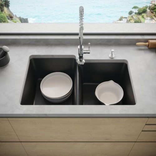 DuraGranit 1-3/4 double bowl granite sink in Black Sand finish
