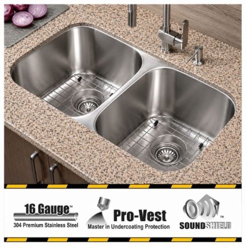 GEMINI double equal bowl undermount kitchen sink in 16 gauge stainless steel with satin finish