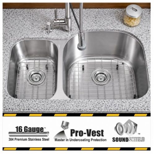 HERCULES 1-1/2 double bowl reverse undermount kitchen sink in 16 gauge stainless steel with satin finish