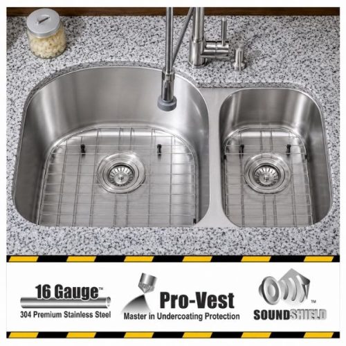 HERCULES 1-1/2 double bowl undermount kitchen sink in 16 gauge stainless steel with satin finish