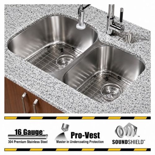 ORION 1-3/4 double bowl undermount kitchen sink in 16 gauge stainless steel with satin finish