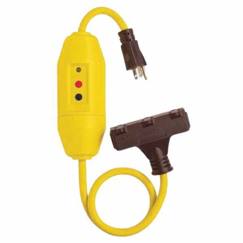 Portable GFCI triple tap power cord for jobsite surge protection