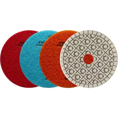 Typhoon ES White 3 Step Polishing System pads for wet stone fabrication.