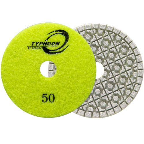 Typhoon ES White Resin 4-inch polishing pads for wet stone fabrication.