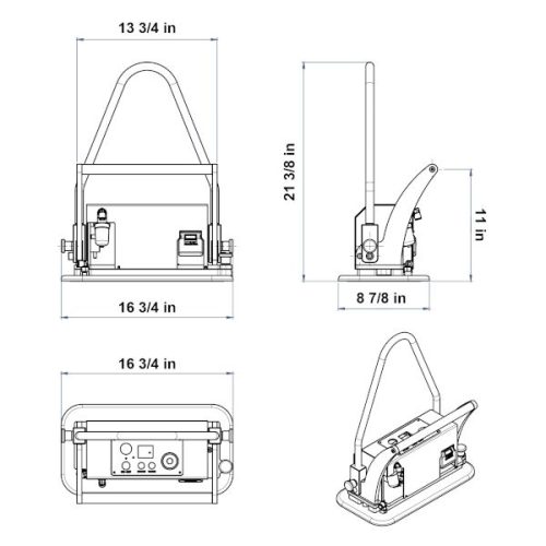 Aardwolf Swiftlift ASVL380 dimensional drawing with front, side, top, and angled views