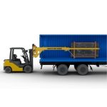 Forklift using ABACO Container Bundle Slab Loader M2 to unload stone slabs from a container