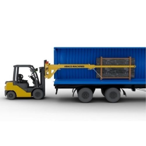 Forklift using ABACO Container Bundle Slab Loader M2 to unload stone slabs from a container