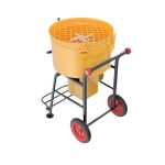 Angled view ABACO Mortar Mixer M2 with mixing barrel, safety grid, frame, and wheels
