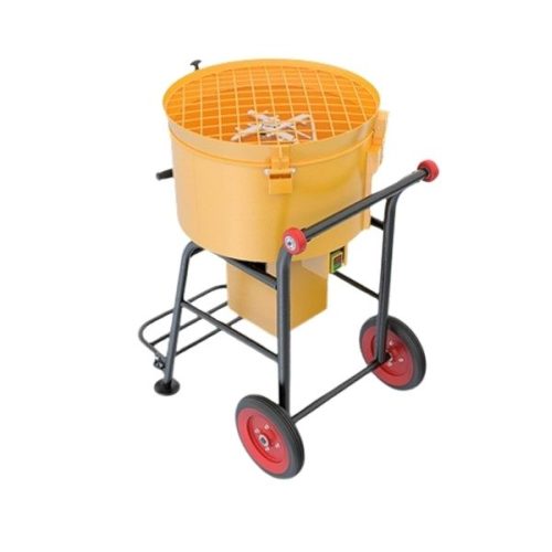 Angled view ABACO Mortar Mixer M2 with mixing barrel, safety grid, frame, and wheels
