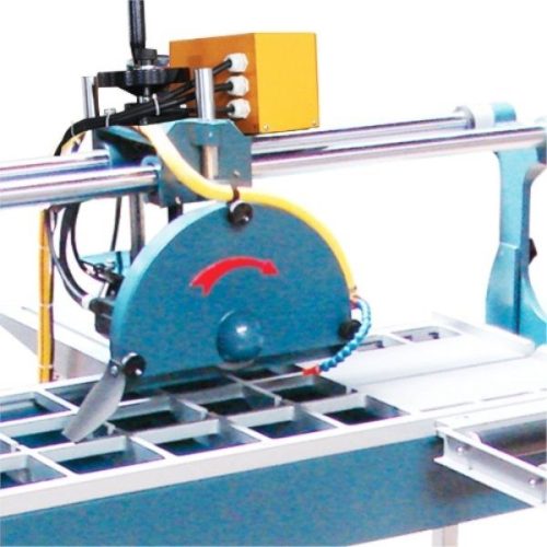 Close-up of Abaco Stone Saw MODS1 cutting head with blade guard and water hose