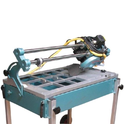 Angled view ABACO Stone Saw with sliding cutting head, working table, blade guard, and support frame