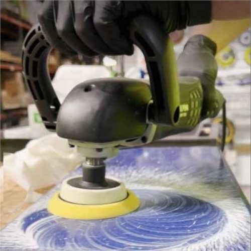 Close-up Alpha BMP-700 Brushless Variable Speed Rotary Polisher polishing a flat surface