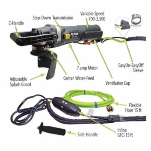 Alpha VSP-320 Variable Speed Polisher with labeled features and accessories