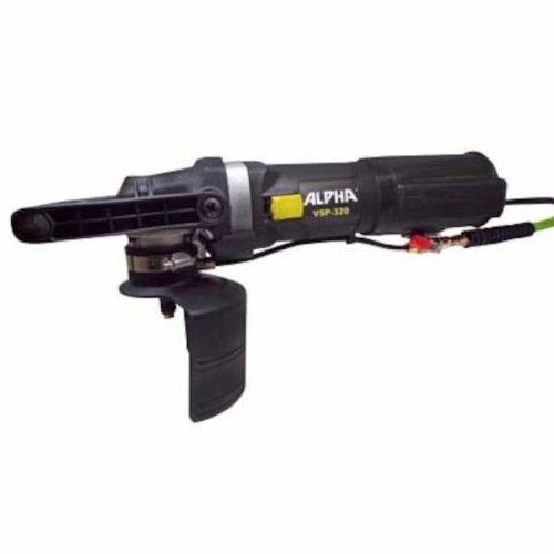 Side view showing Alpha VSP-320 Variable Speed Polisher with C-handle and splash guard