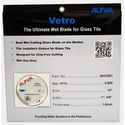 Alpha Vetro for Portable Rail Saw packaging with blade specifications