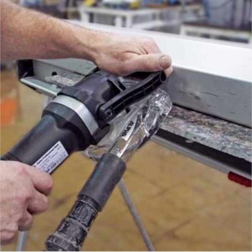 Close-up showing Alpha WDP-320 Wet/Dry Variable Speed Polisher on a stone edge