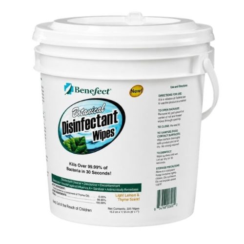 Side view Benefect Antimicrobial Botanical Disinfectant Wipes container lid and product label