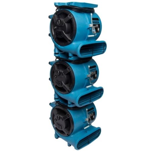 Three Dri-Eaz Sahara Pro X4 Turbo Dryer Air Movers stacked vertically for storage