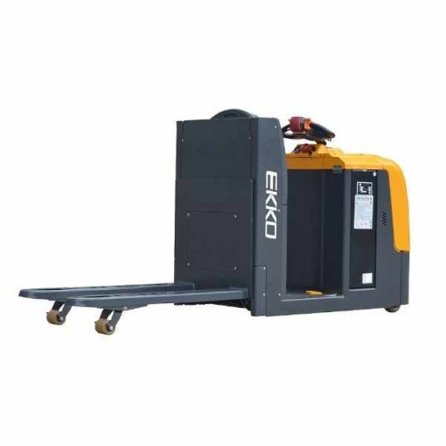 Angled view of EKKO EPC30A Center-Controlled Rider Pallet Jack with center operator platform