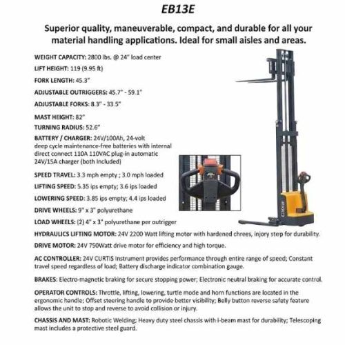 EKKO EB13E Full Powered Straddle Stacker technical specification overview