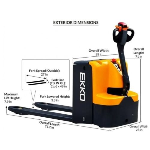 EKKO EP20E Electric Walkie Pallet Jack measurement diagram with dimensional references