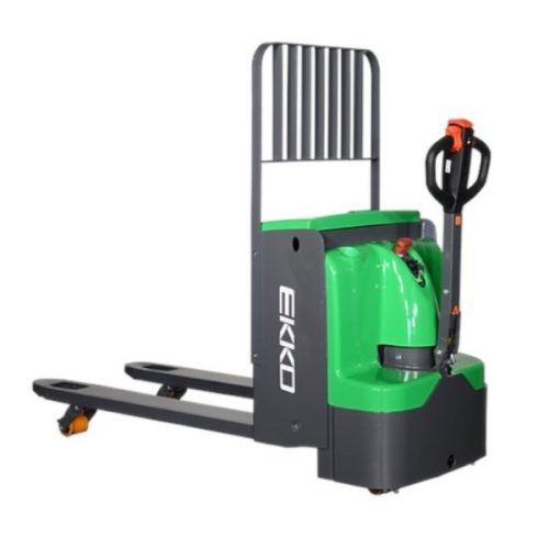 Angled view EKKO EP20E-Li Electric Walkie Pallet Jack load backrest and lowered forks