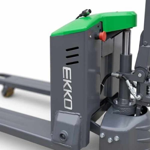 Close-up EKKO EP18JNLI Full Electric Narrow Pallet Jack operating handle and control area