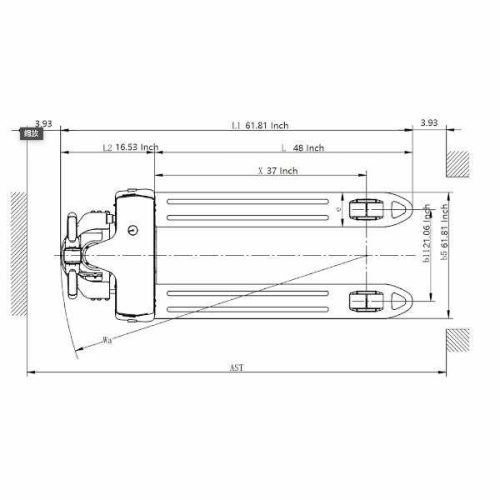 Top measurement diagram for EKKO EP15JLi Full Electric Pallet Jack