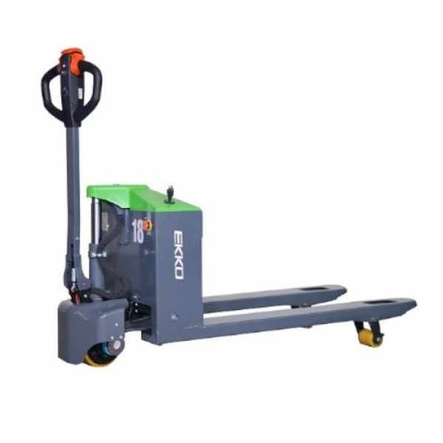 Angled view EKKO EP20JLi Full Electric Pallet Jack lowered forks