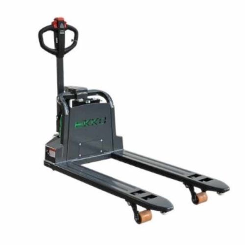 Angled view EKKO EPF18Li Full-Powered Lithium Electric Walkie Pallet Jack lowered forks