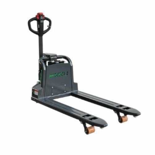 Angled view EKKO EPF20Li Full-Powered Lithium Electric Walkie Pallet Jack lowered forks