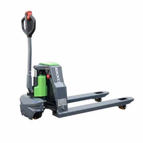 Angled view EKKO EPC18Li Full-Powered Lithium Pallet Jack lithium battery and lowered forks