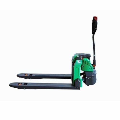 Side view of EKKO EPT18Li Full-Powered Lithium Pallet Jack with lithium battery, drive unit, and forks