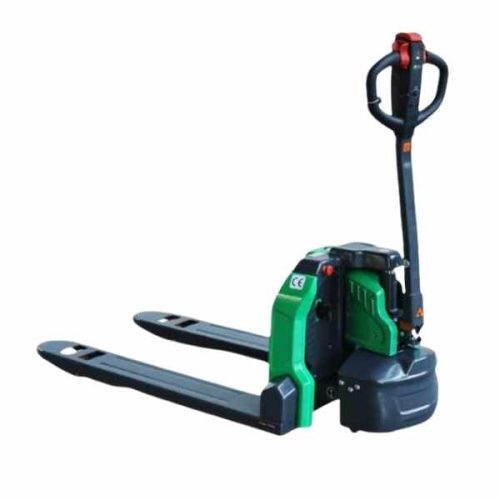 Angled view of EKKO EPT20Li Full-Powered Lithium Pallet Jack with lithium battery, drive unit, and lowered forks
