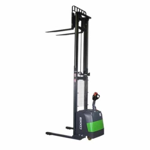 Angled view EKKO EB18C-138Li Full Powered Lithium Straddle Stacker raised forks